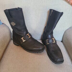 Harley-Davidson Mens Black Leather Mid-Calf Biker Boots Size 10.5 Zip Buckle
